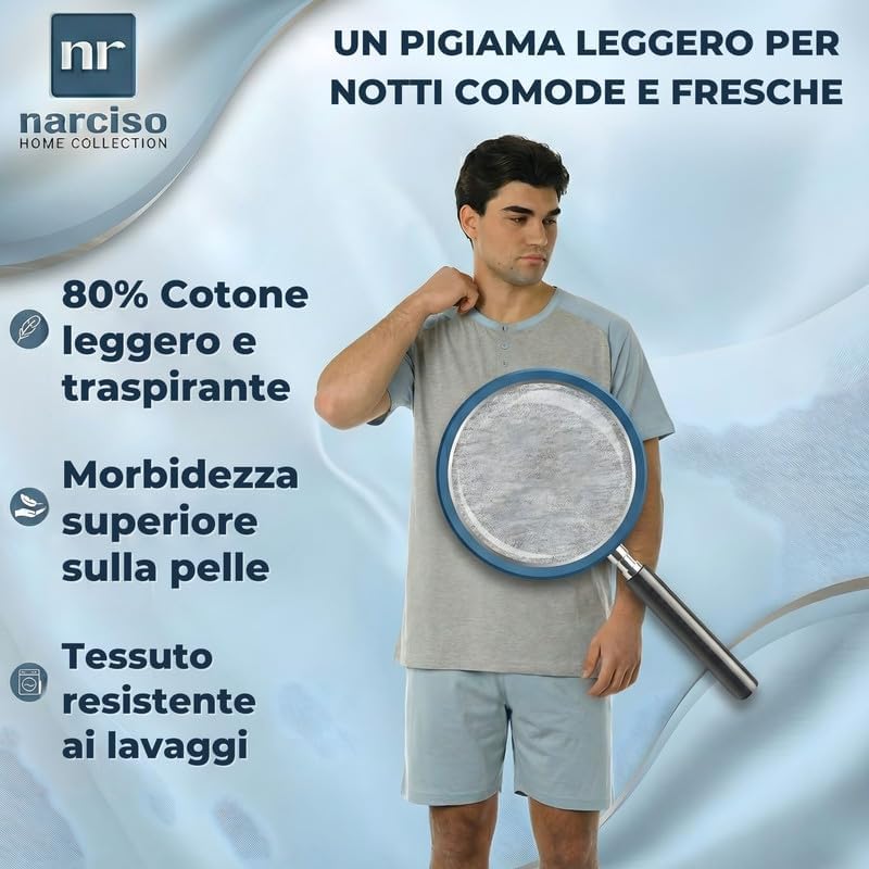 NARCISO Pigiama Uomo Corto Estivo in Cotone Leggero, Pigiami Uomo Due Pezzi dalla M alla XXL, Maglietta Maniche Corte e Pantaloncini Corti