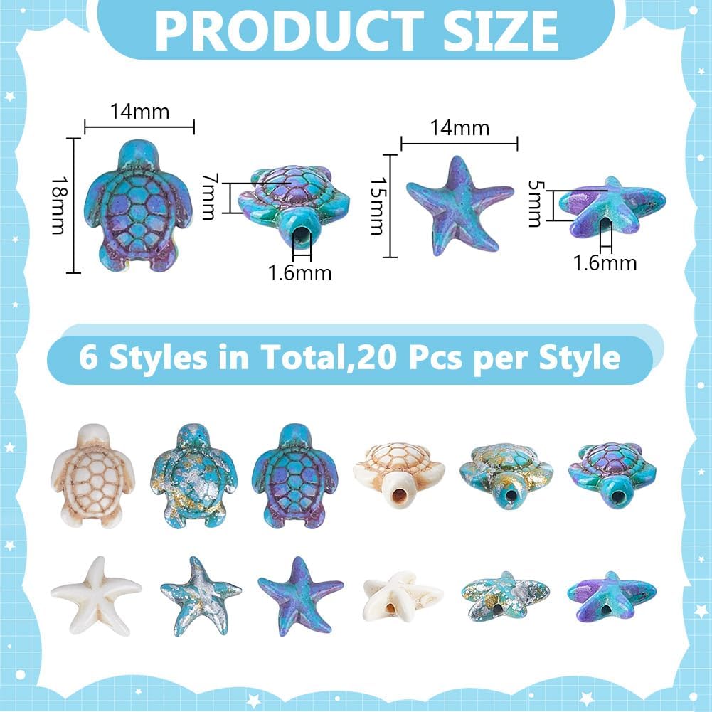 120Pcs 6 Styles Turtle Beads 13.5-18mm Ocean Theme Turquoise Beads Starfish Bead Turquoise Spacer Stone for Bracelets Jewelry Making Hole:1-1.6mm - Image 2