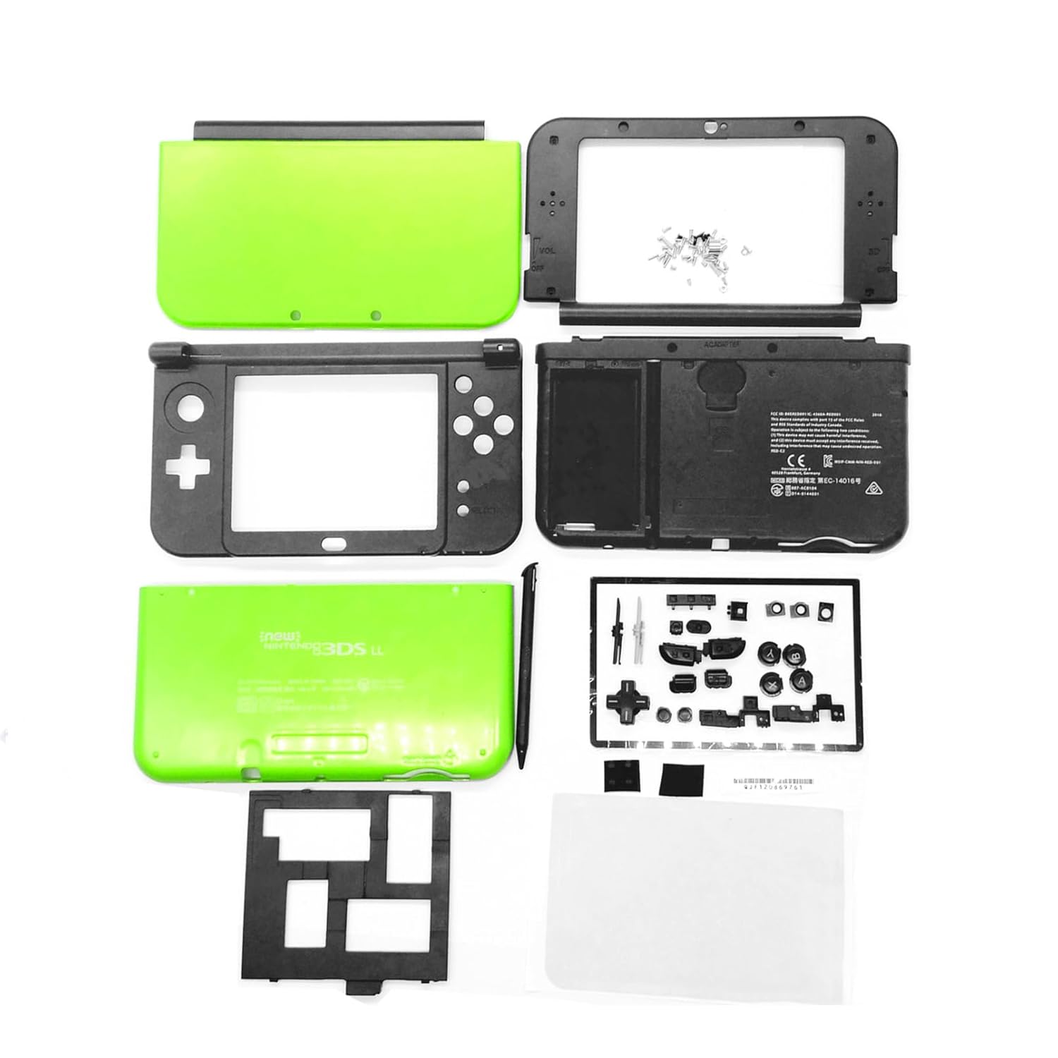 New 3DSLL 3DSXL Complete Housing Case Shells Lime-Green Replacement, for New 3DS New3DS XL LL New 3DSXL Console, Outer Enclosure 5 Cover Plates, Buttons, Screws, Stylus, Protector, Plugs Set