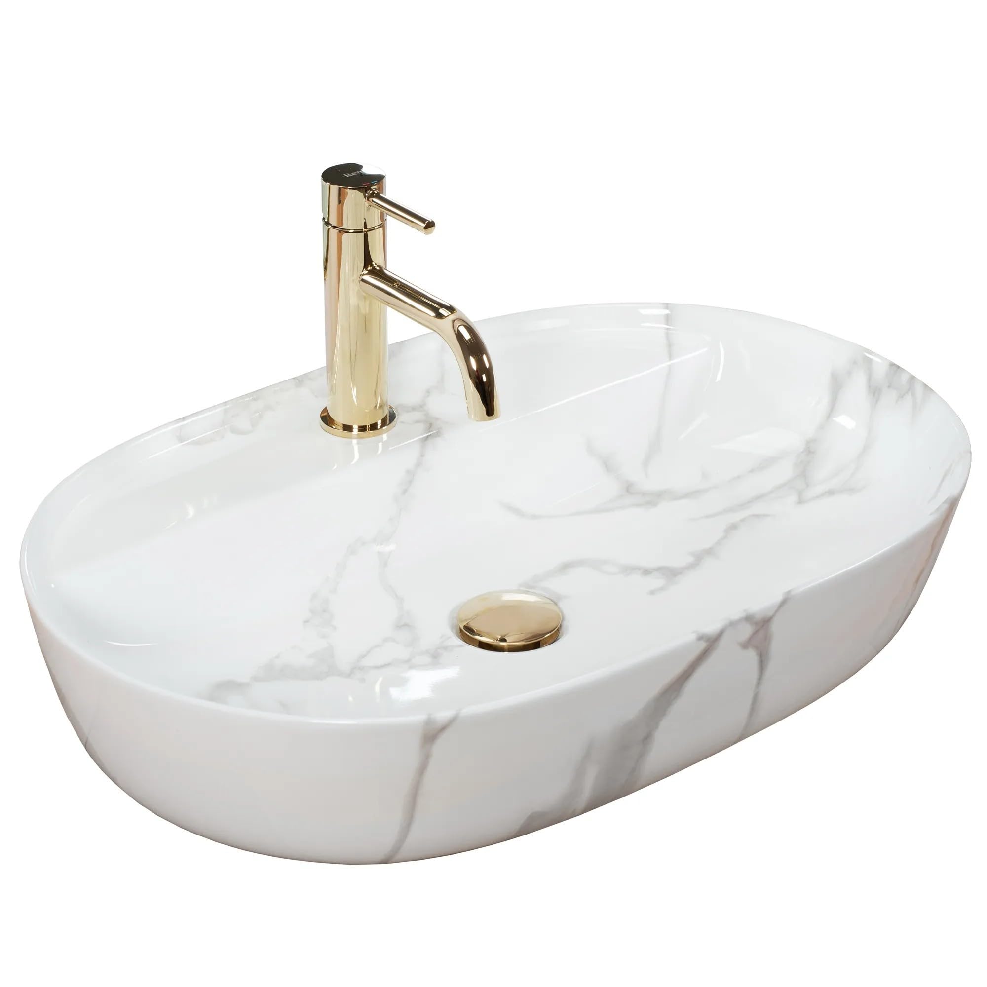 Rea AURA 61 Marble SHINY Countertop Washbasin Bathroom Sink 610 x 410 x 130 mm Ceramic (White, Imitation Marble)