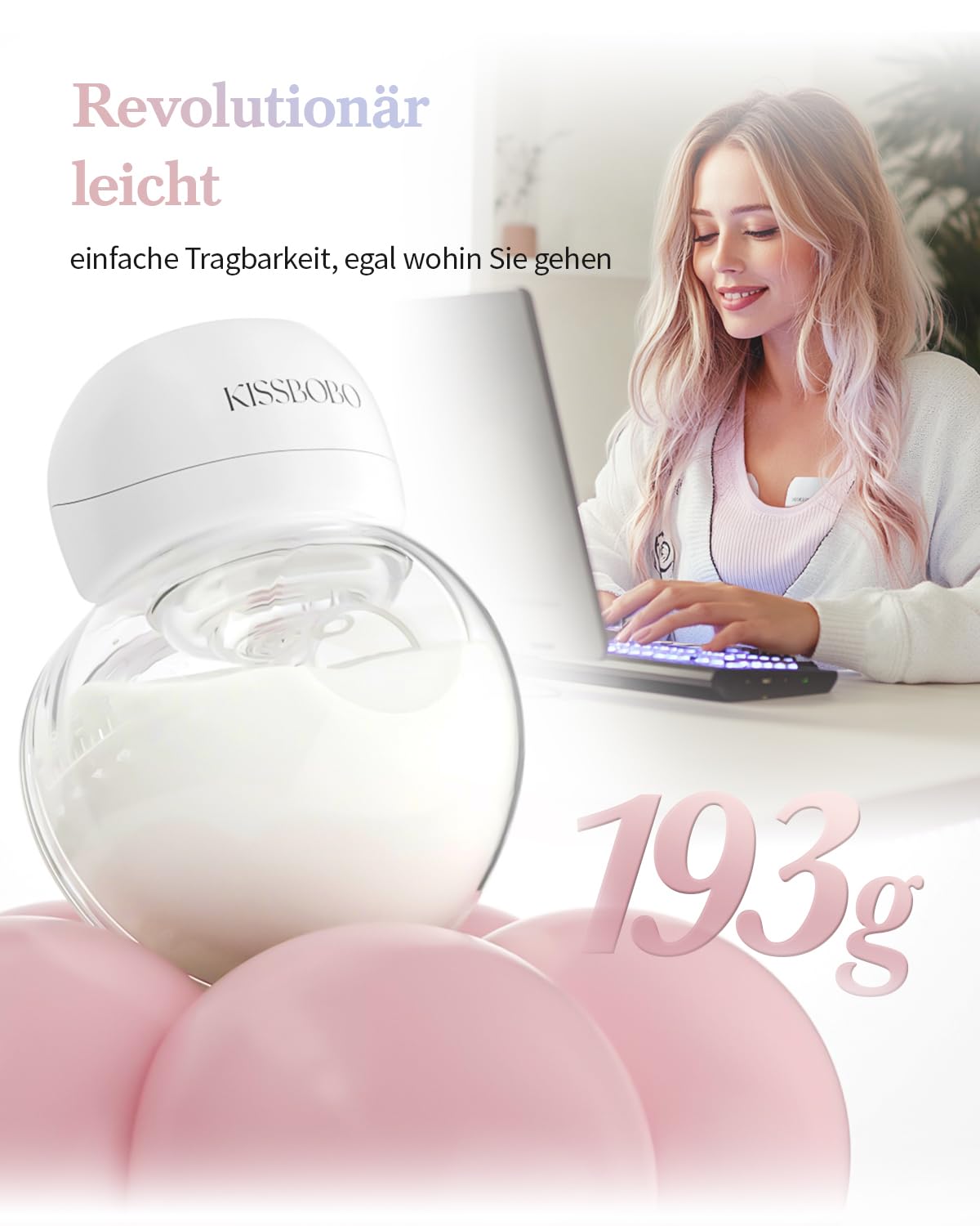 Revolutionäre Milchpumpe Elektrisch 193G,KISSBOBO Milchpumpe Elektrisch Tragbar mit 3 Modi 9 Stufen,optimaler Komfort mit Flansch 21 mm/24 mm