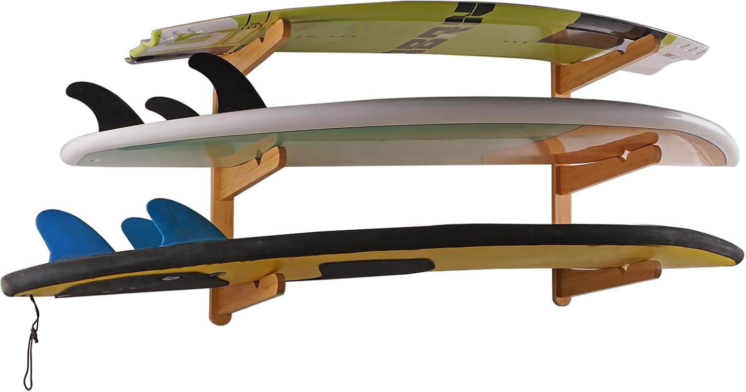 Surfboard Wall Mount Surfboard Rack for Wall Surfboard Storage Racks for Longboards Shortboards Wakeboard Kiteboard and Snowboards, 3 Boards Display Works Indoor and Outdoor
