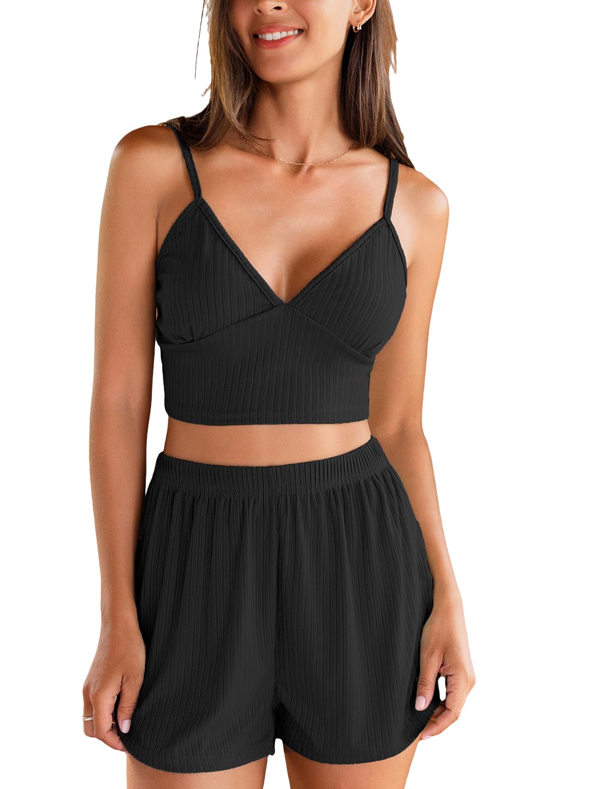 CUPSHE Ladies Ribbed Sleeveless Summer Pajamas Set V Neck Camisole Top and Shorts Sleepwear Loungewear Pajama Set