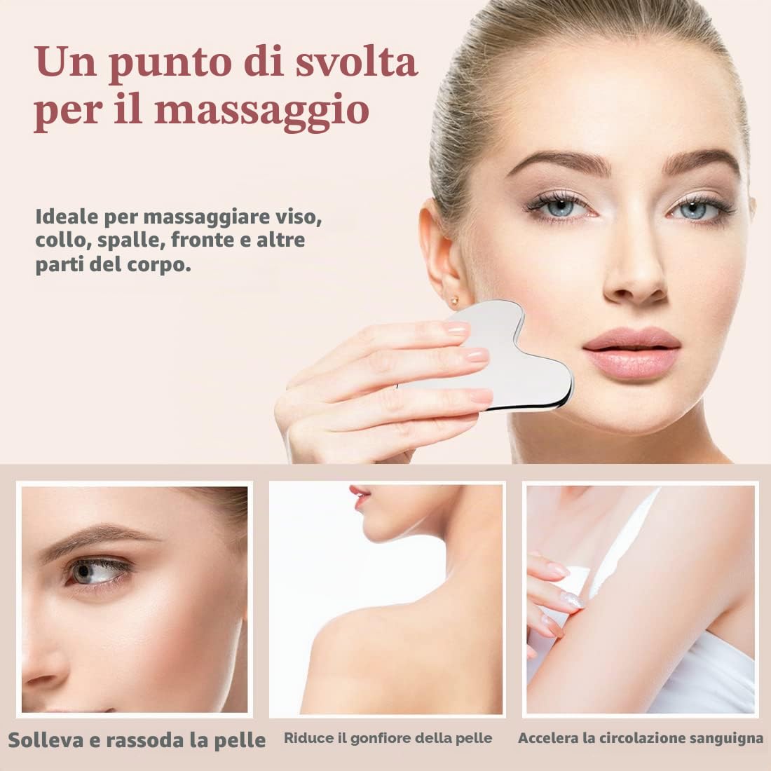 leiwo - Set di rulli per il viso e gua sha, in acciaio inossidabile, strumento per scolpire il viso, per la cura della pelle in metallo, massaggiatore per donne