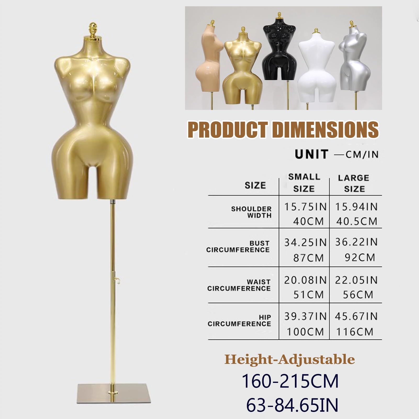 Plus Size Display Female Mannequin，63-84.65 inch Adjustable Height Metal  Base Headless Dress Form Mannequin for Boutique(Gold,Small) : Amazon.sg:  Industrial and Scientific