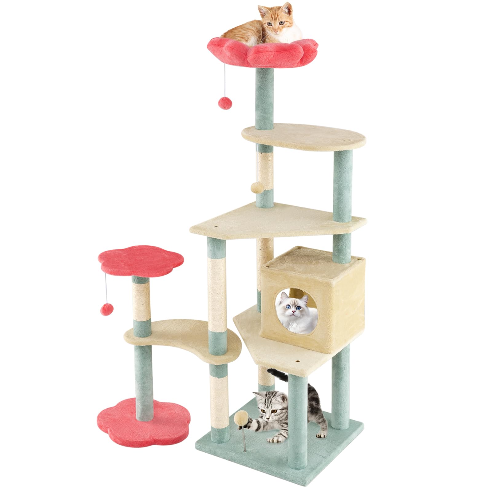 COSTWAY Cat Tree, 155cm Tall Cats Tower with Flower-Shaped Padded Perch, Jumping Platforms, Condo, Sisal Scratching Posts, Spring & Dangling Balls, Multi-level Kitty Activity Center for Indoor Cats