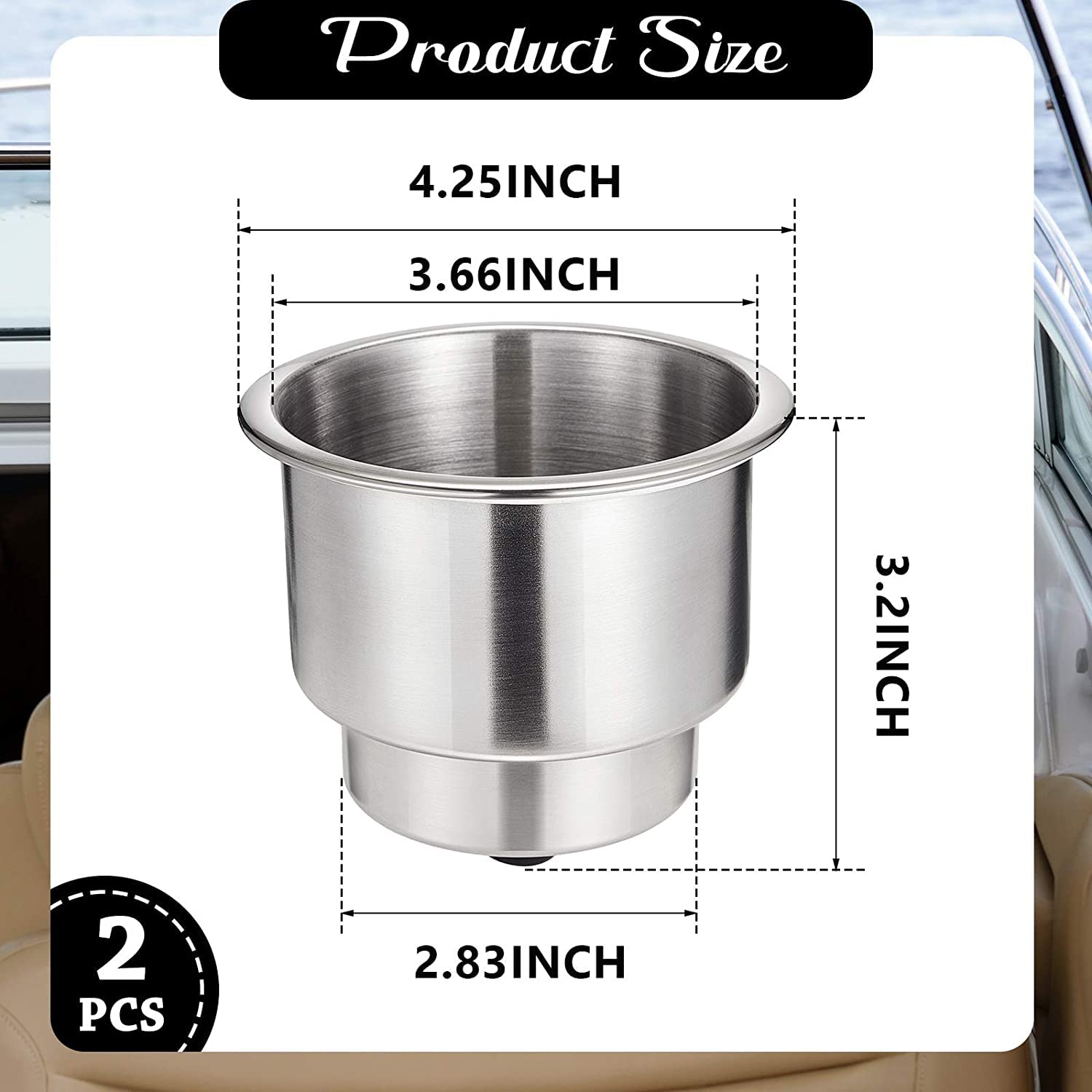 Pebbly Beach 2 PCS Boat Cup Holder, Stainless Steel Cup Holder Insert with Drain for Boat and RV