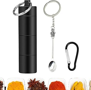 Spice Container with Spoon, Mini Aluminum Spice Dispensers Set, Portable Travel Containers with Key Ring, Leakproof Salt & Pepper Pots Spice Storage for Outdoor Camping & Kitchen