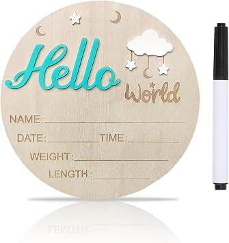 Baby Announcement Sign, 5.9 Inch Wooden Hello World Newborn Signs, Birth Announcement Sign, Cloud and Stars Decoration, Welcome Newborn Arrival To World, Hospital Nursery for Baby Green