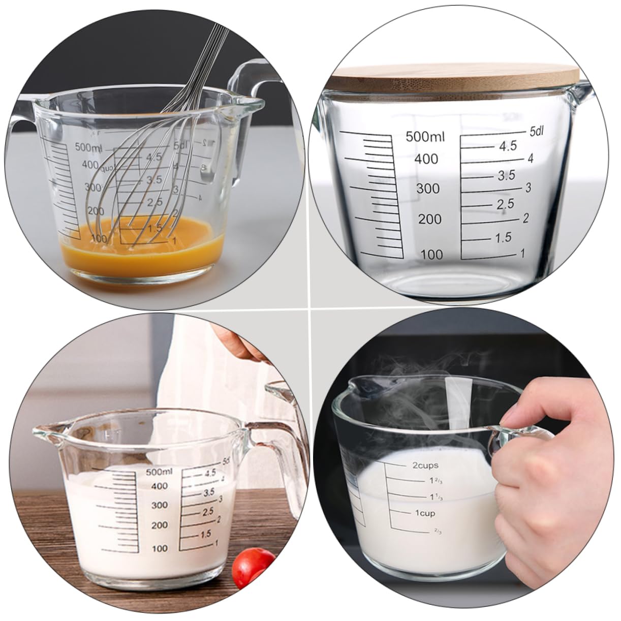 Hemobllo Pichet Doseur Pratique en Verre Résistant la Chaleur avec Échelle Graduée et Couvercle en Bois, Tasse à Mesurer pour Jus et Crème Cuisine