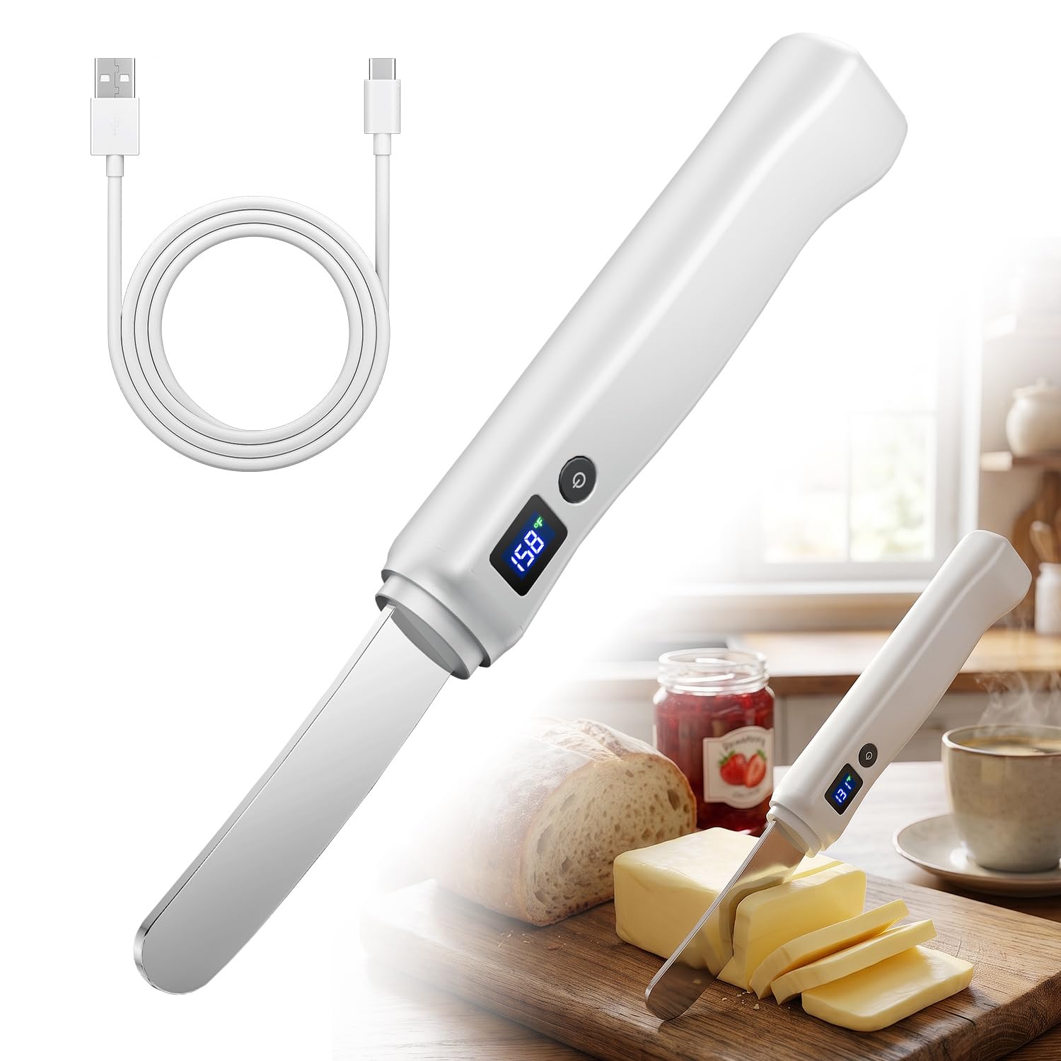 WeBeqer Cuchillo para Mantequilla Calentado Recargable USB con Pantalla LED | Cuchillo Esparcidor Acero Inoxidable 304 IP68 Impermeable, 2 Niveles de Temperatura para Queso Crema Frío Y Duro, Mermelada