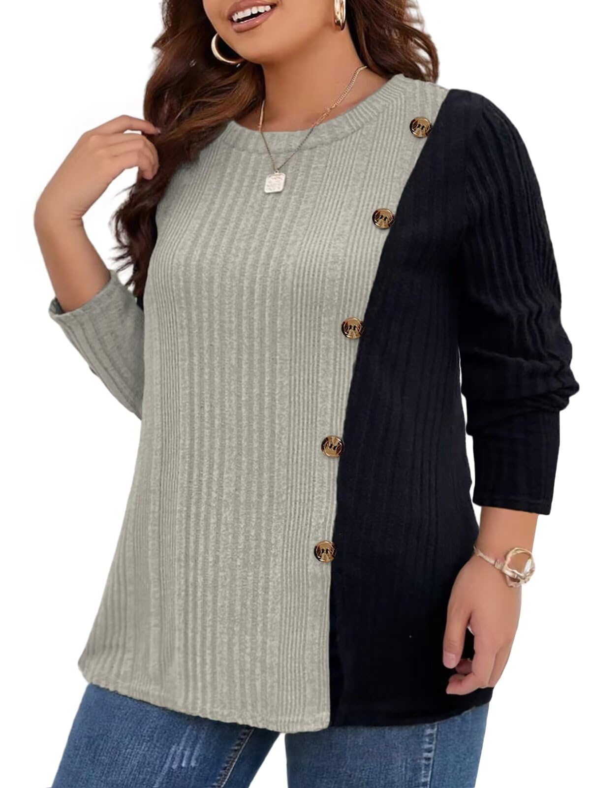 VISLILY Womens-Plus-Size-Long-Sleeve-Tops Color Block Lightweight Sweaters Casual Crewneck Shirts Button Decor Tunics Blouses