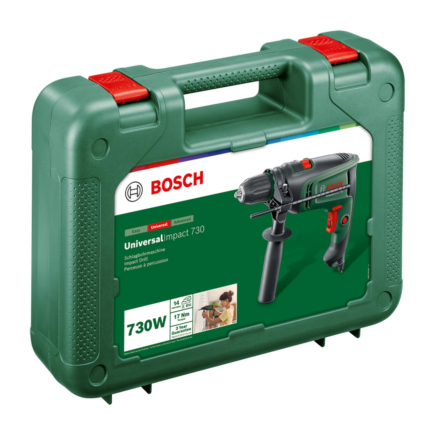 Bosch Perceuse à percussion réseau UniversalImpact 730 (perçage de précision dans la maçonnerie, le bois et l'acier, moteur 730 W, valise)