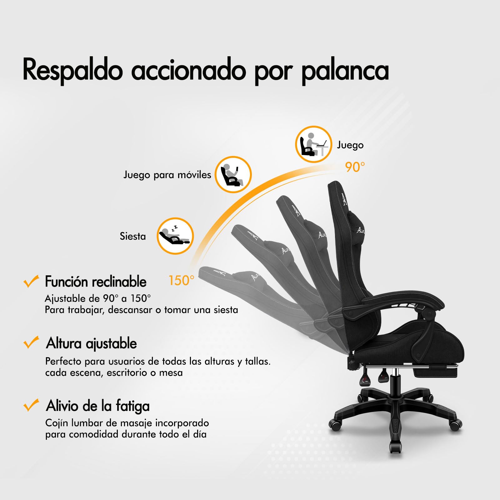 ALFORDSON Silla Gaming Ergonómica con Masaje, Silla Gamer de Oficina con Reposapiés Retráctil, Lumbar Massaggiante,Altura Ajustable,Asiento Cómodo,Reclinable 150°,Soporta 180 kg, Lino(Negra)