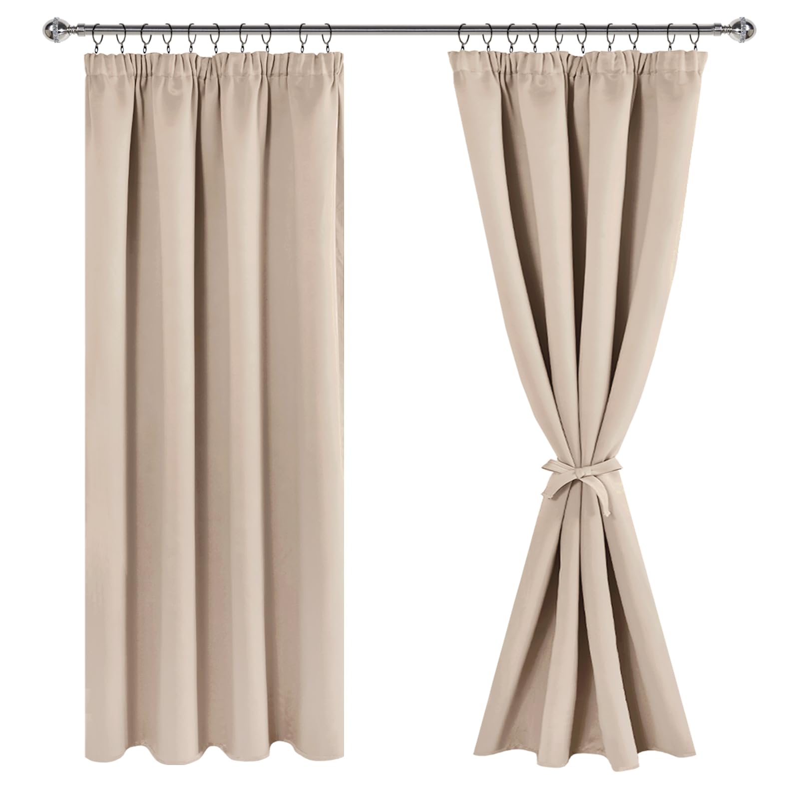 JIUZHEN Beige Ruffle Tape Curtains for Living Room Energy-Saving Window Curtain for Bedroom 140 x 160 cm, Set of 2 Panels