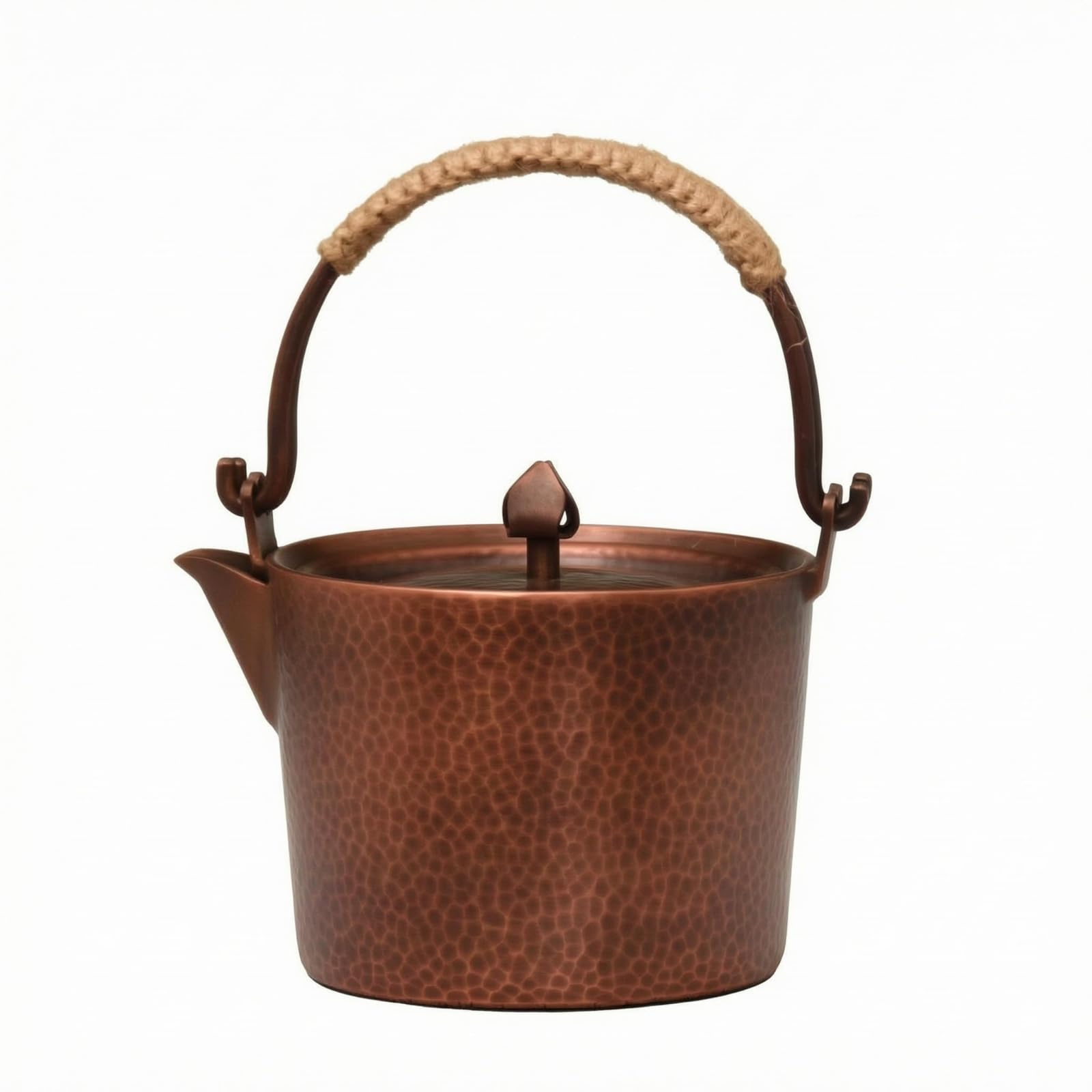 Bollitore in Rame Bollitore Teiera Caraffa Pentola Artigianale Rame Puro Beccuccio Preciso Manico Rivestito in Corda Confort per Preparazioni Calde E, Rame Invecchiato, 1 Litro