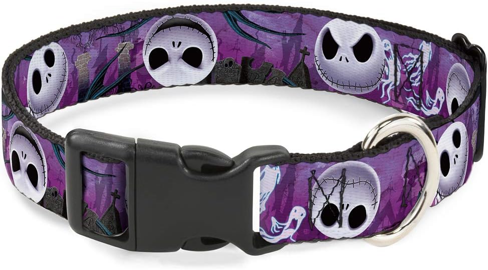Dog Collar Plastic Clip Jack Expressions Ghosts In Cemetery Purples Grays White 13 to 18 Inches 1.5 Inch Wide
