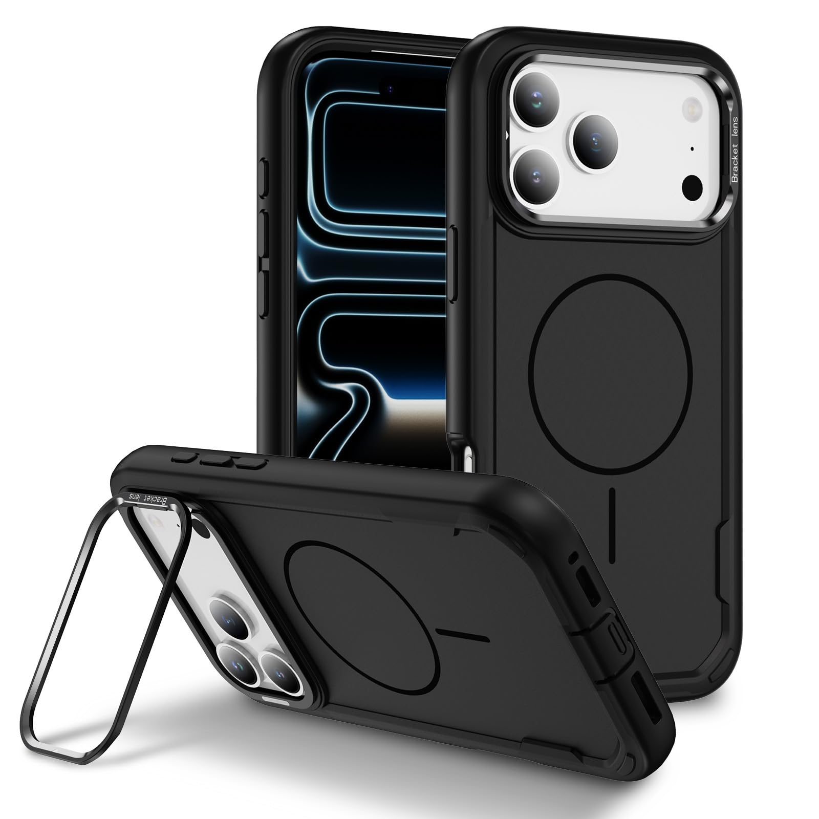 Magnetisch Hülle für iPhone 17 Pro Max/17 Pro/17 Air/17, Dünne Gefrostet rutschfeste Schutzhülle mit Metall Objektiv Ständer Handyhülle,Schwarz,17