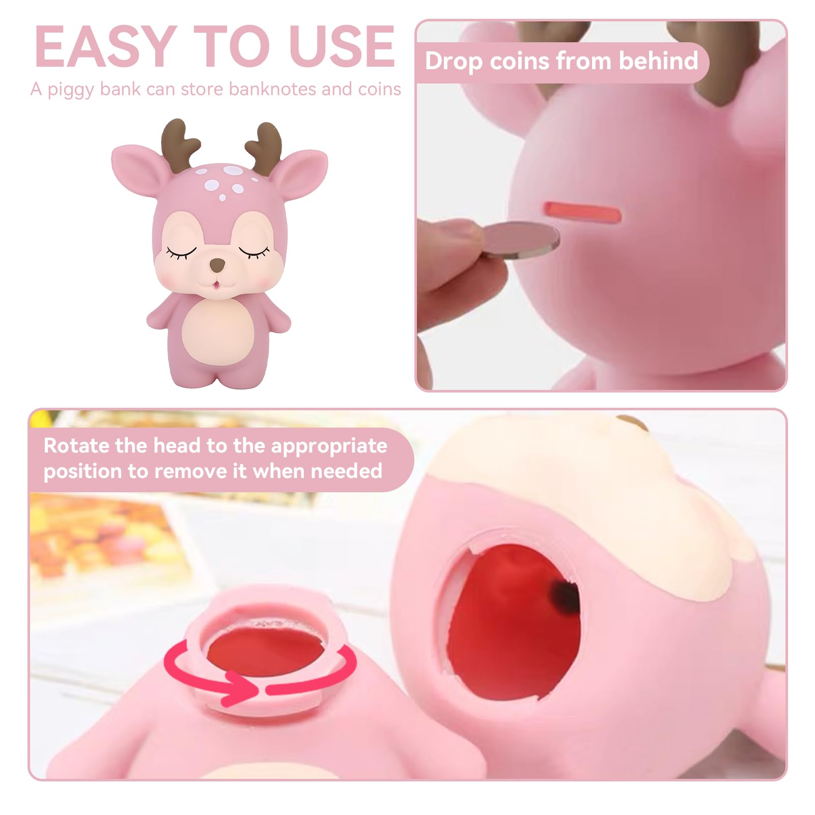 HERCHR Linda Deer Money Bank, Hucha de Dibujos de Animales para niños de Hucha de plástico Suave para la decoración del hogar de la Moneda de Papel de la Tienda artesanía