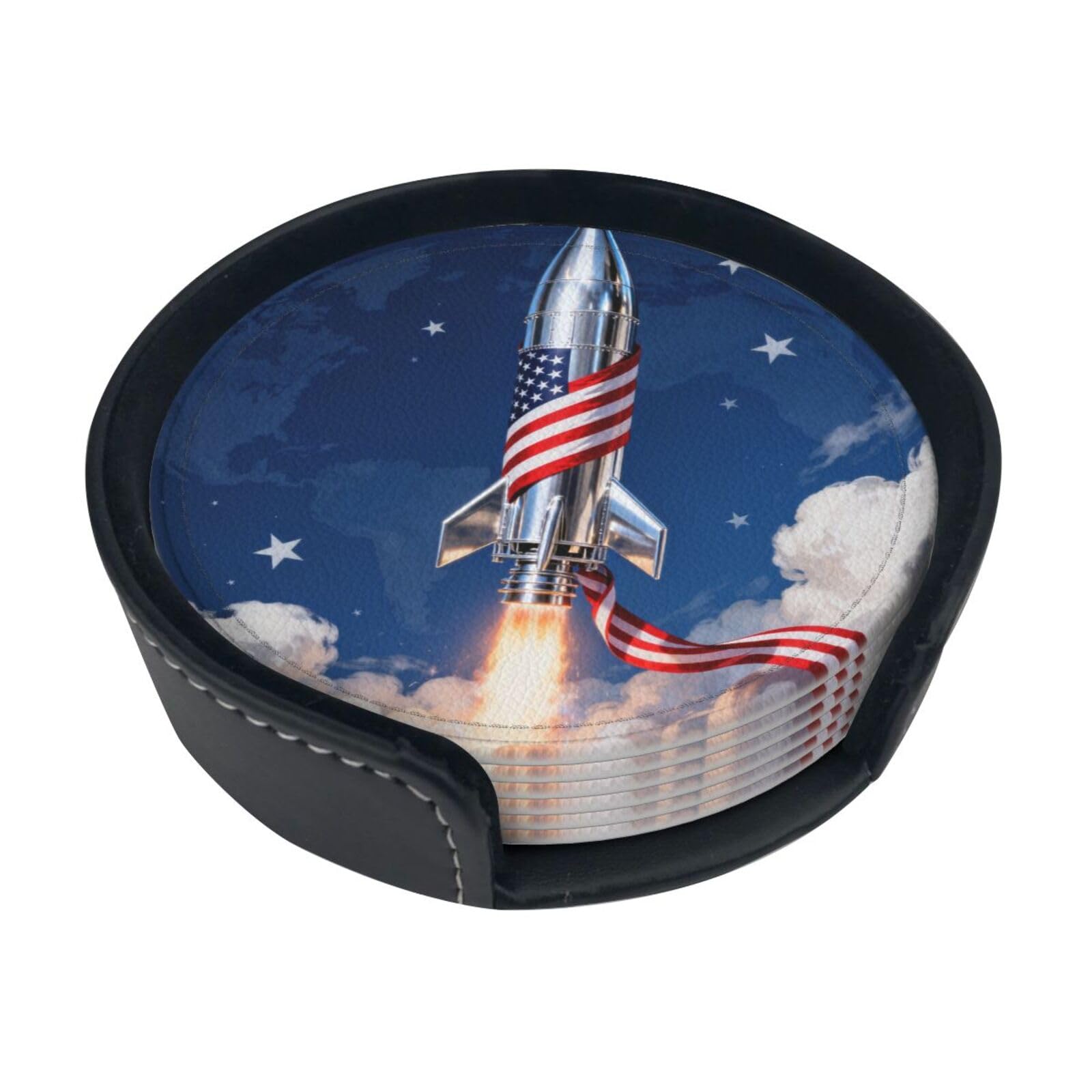 Cntdbu White Rocket Flag Progress Leather Coasters Set Of 6-Pu Leather Drink Mats For Table, Heat Resistant Round Coasters With Holder