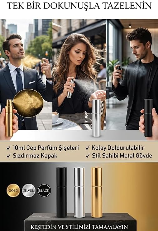 3 Adet Doldurulabilir Cep Parfüm Spreyi Gold Silver Black Renk Cam Parfüm Şişesi 10ML