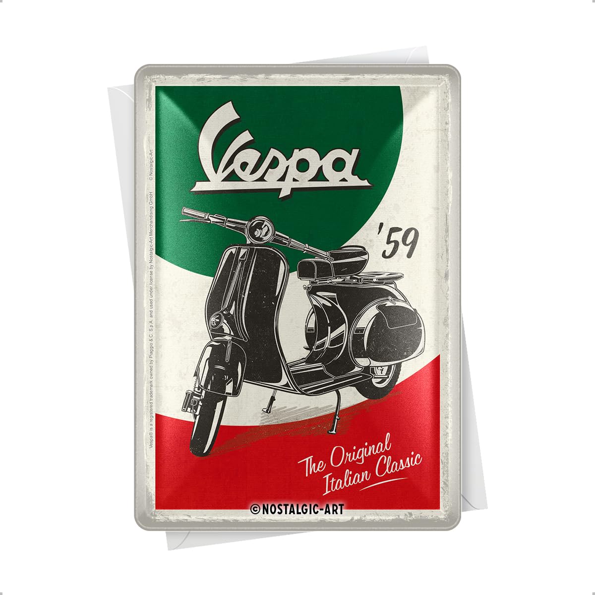 Nostalgic-Art Vintage Mini Tin Sign Vespa Italian Classic Retro Greetings Card Gift Idea For Scooter Fans Metal Postcard Mini Tin Sign Vintage Design 10 X 14 Cm 10316