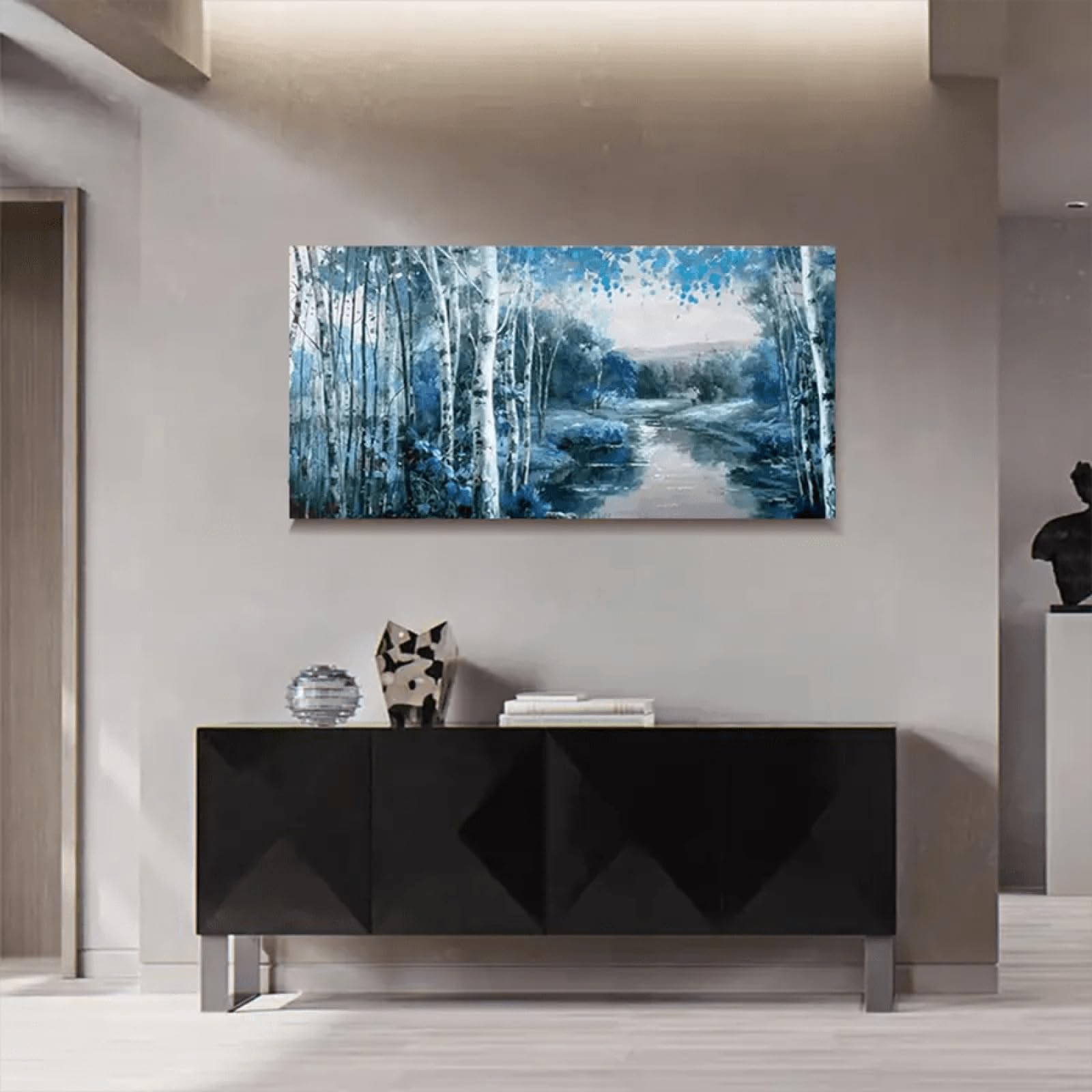Stampa artistica su tela con paesaggio della foresta di betulle blu incorniciata, poster su tela moderno della fattoria per la decorazione della parete del soggiorno 50x100 cm (20x39 pollici) con cornice