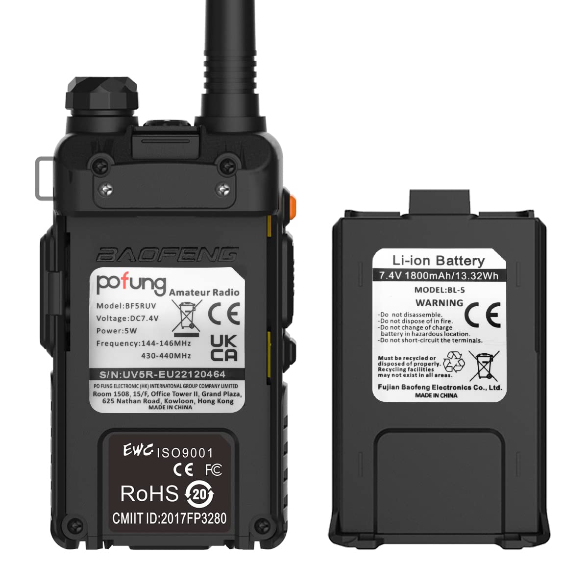 Walkie Talkie 5R Dual Band VHF/UHF Ricaricabile Radio Bidirezionale con 128 Canali VOX Caricatore USB Lunga Distanza Due Vie Radio (Nero), (BF5RUV)
