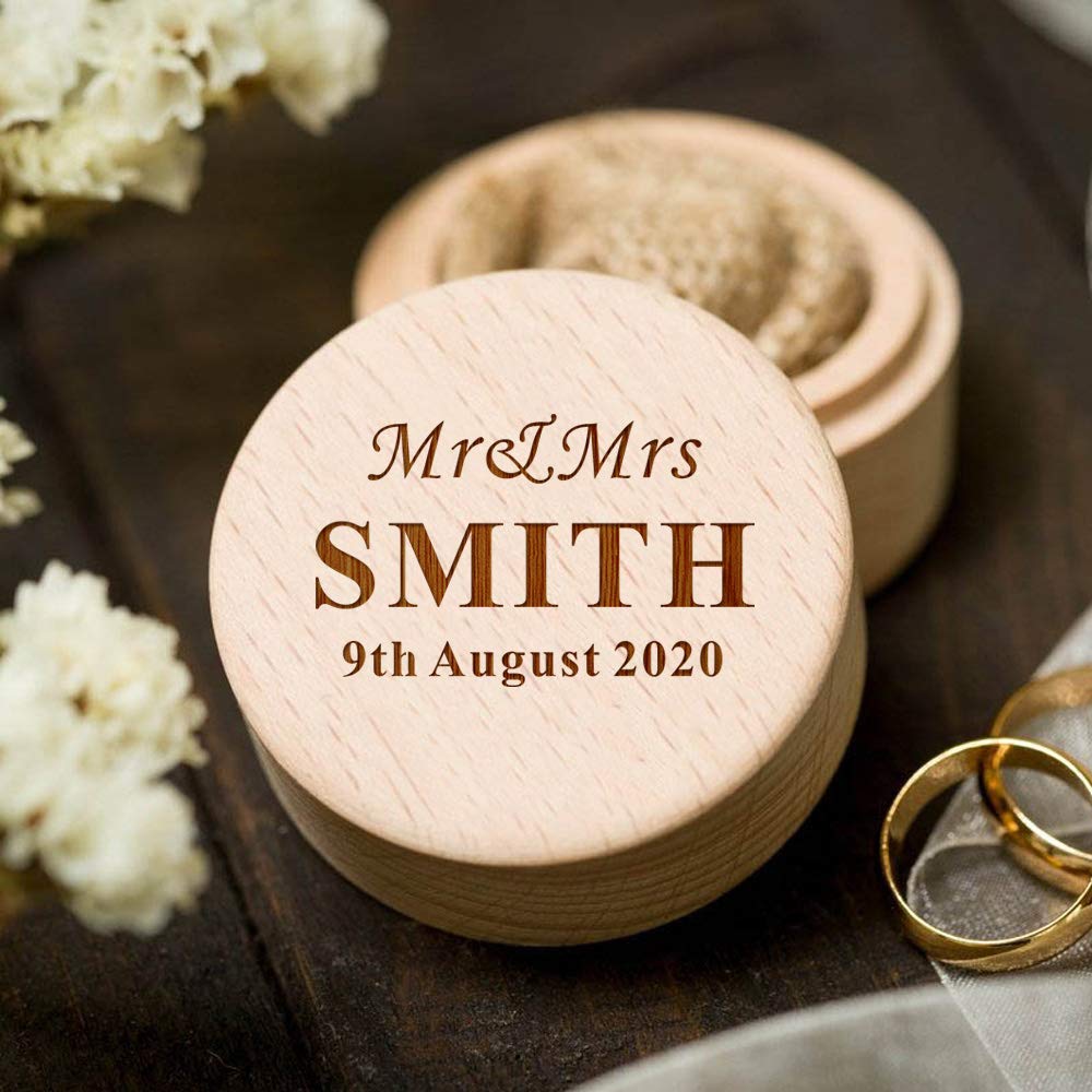 Personalized Ring Box Wedding Ring Box for Anniversary Wedding Engagement Personalized Gifts Wood Proposal Ring Box for Women Men Boyfriend Couple Engraved Ring Bearer Box (Family Name)