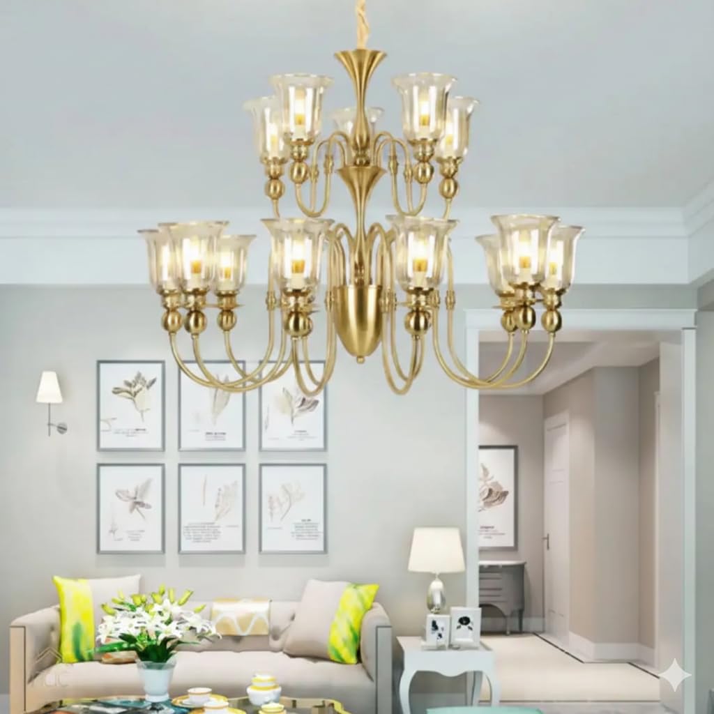 HDC 12-Light Italian Style Brass Chandelier - Luxury Champagne Glass Jhumar for Dining Hall & Living Room - Elegant Decorative Hanging Light for Home - Premium Glass Chandelier-image-8