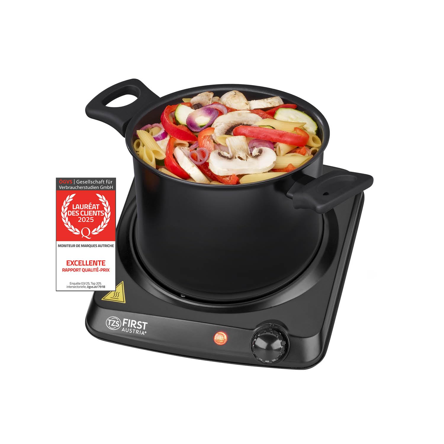 TZS First Austria - Plaque infrarouge 1200W - Ø 175 mm - Réchaud portable avec protection antisurchauffe & thermostat réglable - Plaque vitrocéramique pour tous types de casseroles