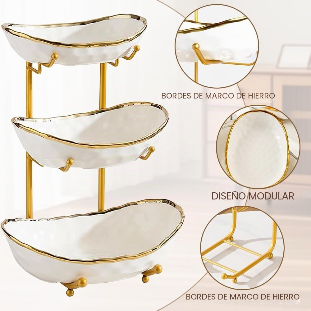 Frutero de cerámica de 3 capas con estructura de metal, soporte elegante para servir frutas, verduras y aperitivos, cuenco decorativo para cocina y salón (tres capas blancas)