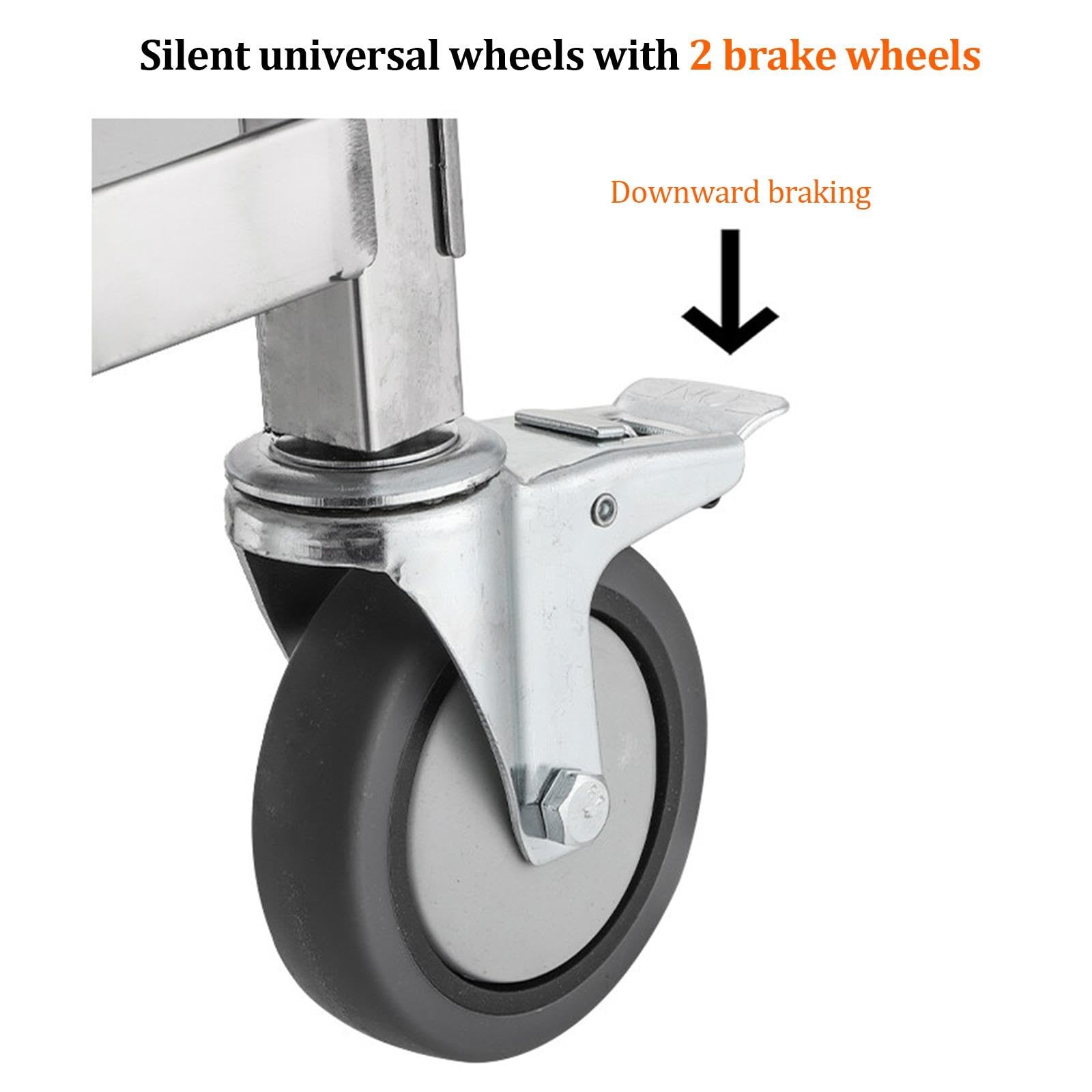 Carrito de Servicio Plegable de Acero Inoxidable, Carrito utilitario rodante Plegable de 3 Niveles Que Ahorra Espacio con Ruedas con Freno, Carrito de Comida móvil portátil