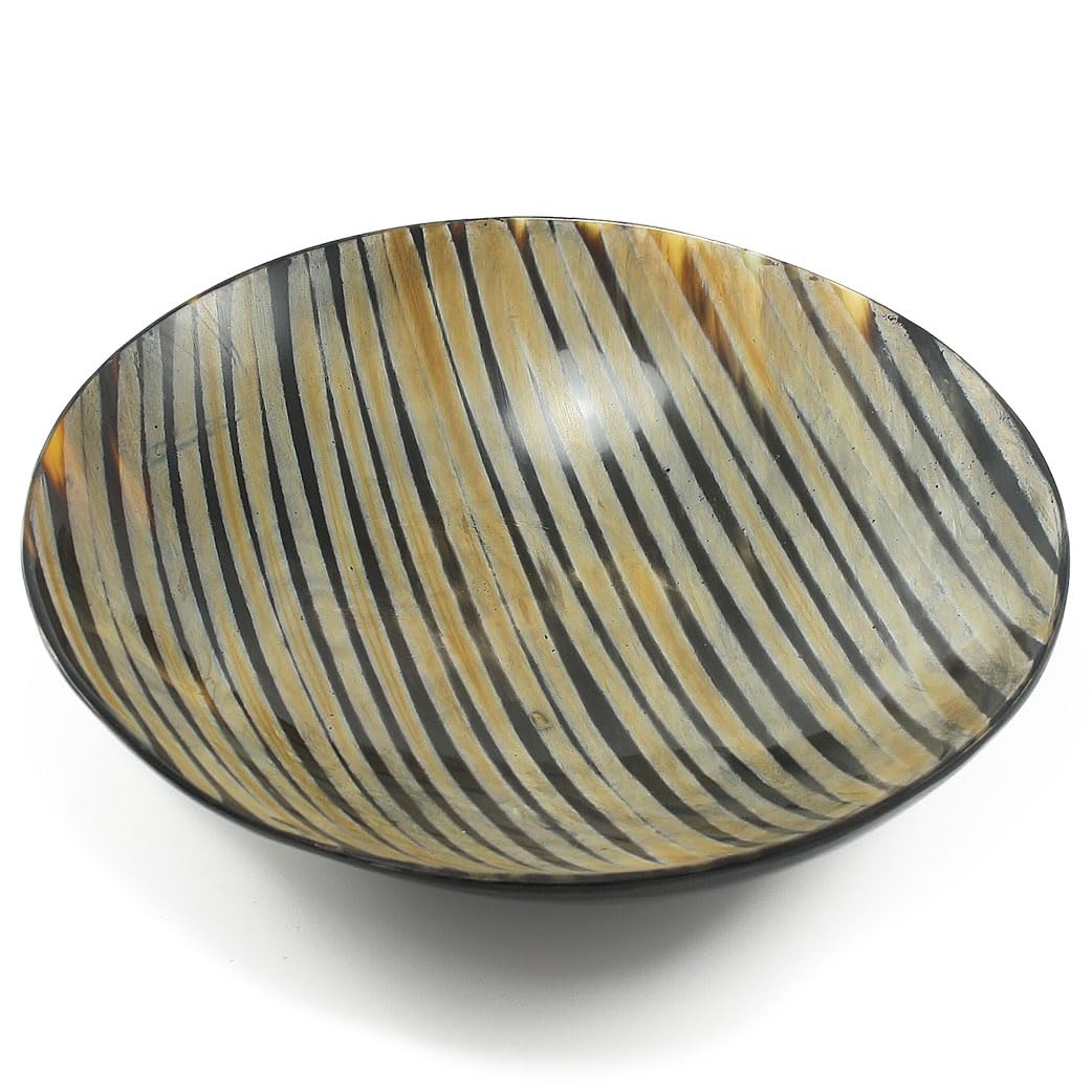 HORNCRAFT Genuine Rounded Horn Bowl | Striped Pattern | Size 7" Diameter | Handmade | Viking Horn Bowl | Serving Dish for Fruit, Nuts, Ham, Salad, Cheese or Delicatessen