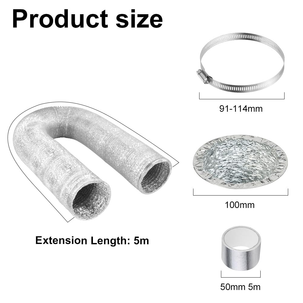 Manguera de ventilación de PVC de 100 mm,5 metros,tubo de aluminio con 2 Abrazaderas Acero Flexible di Aluminio PVC,para Kitchen,Baño,Climatización,de Ventilación Sistemas,plata