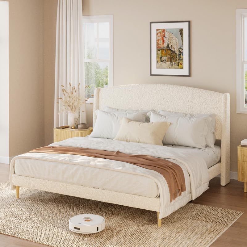 Queen Size Bed Frame with Wingback Headboard, Boucle Upholstered Platform Bed, No Box Spring Needed, 6" Under-Bed Storage, Easy Assembly, Beige