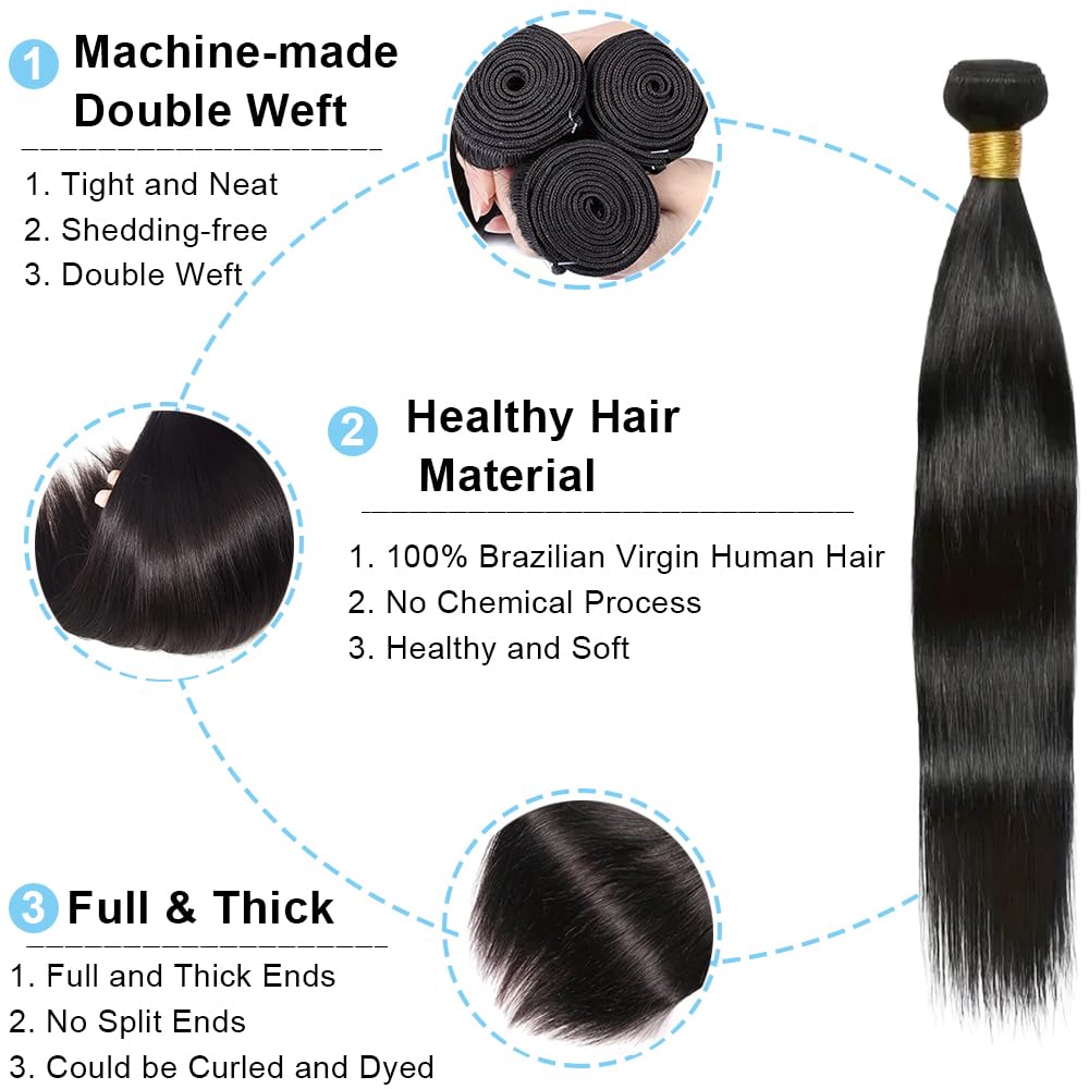 Tessitura brasiliana capelli umani fasci umani umani capelli naturali meche tessitura 3 fasci dritti 100% capelli umani naturali neri 10 12 14 pollici (Total 210g)