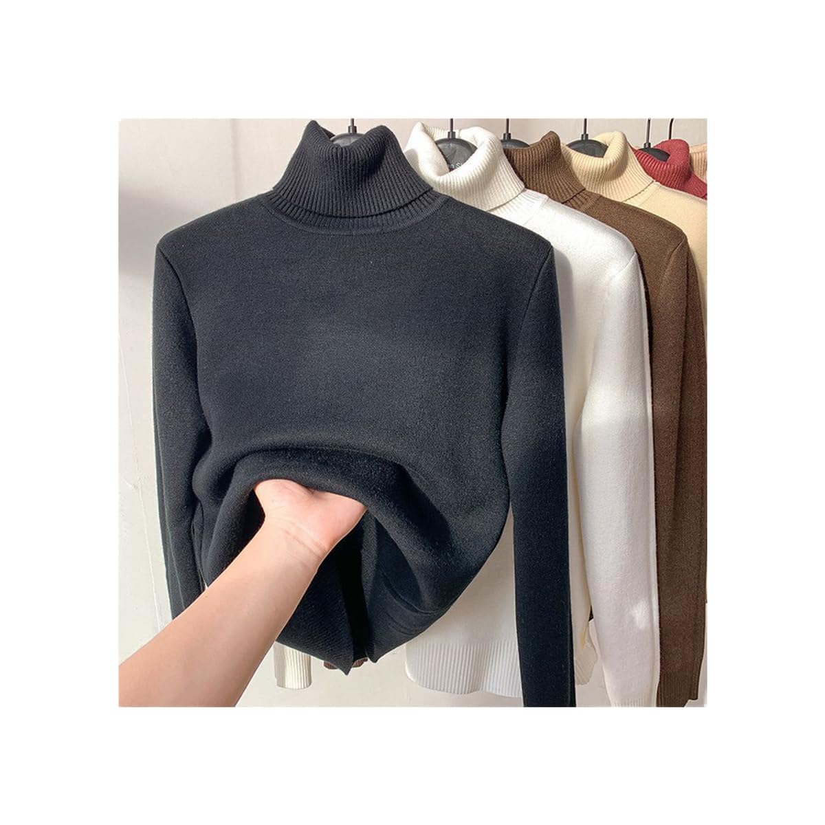Winter Fleece Thick Knitted Bottoming Shirt, Casual Thick Turtleneck High Neck Sweater Soft Thermal for Women (Black,S(47.5kg or Less))