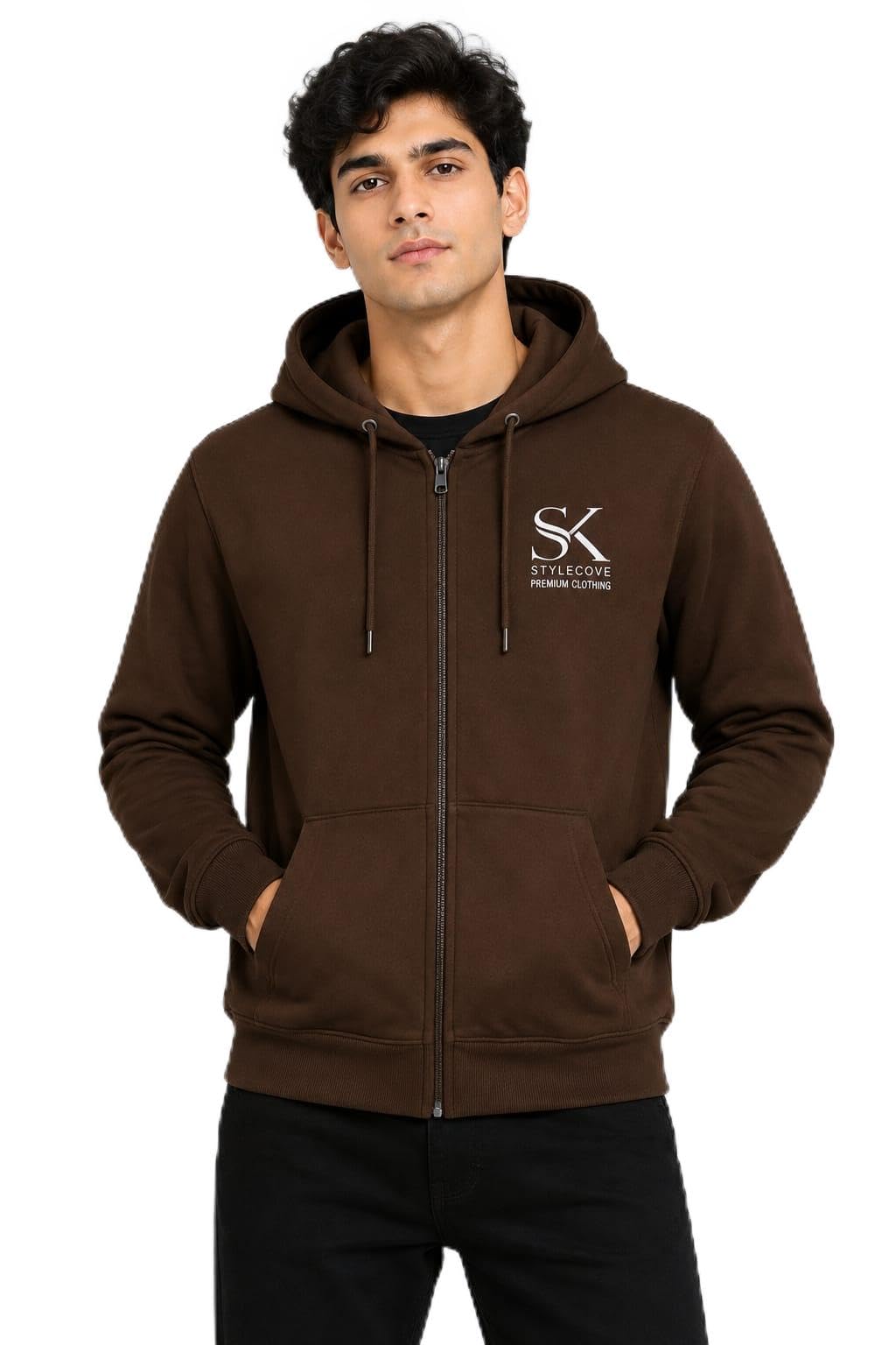 Sk Stylecove Men's Fleece Zip-Up Hoodie in Solid Brown-picture-23