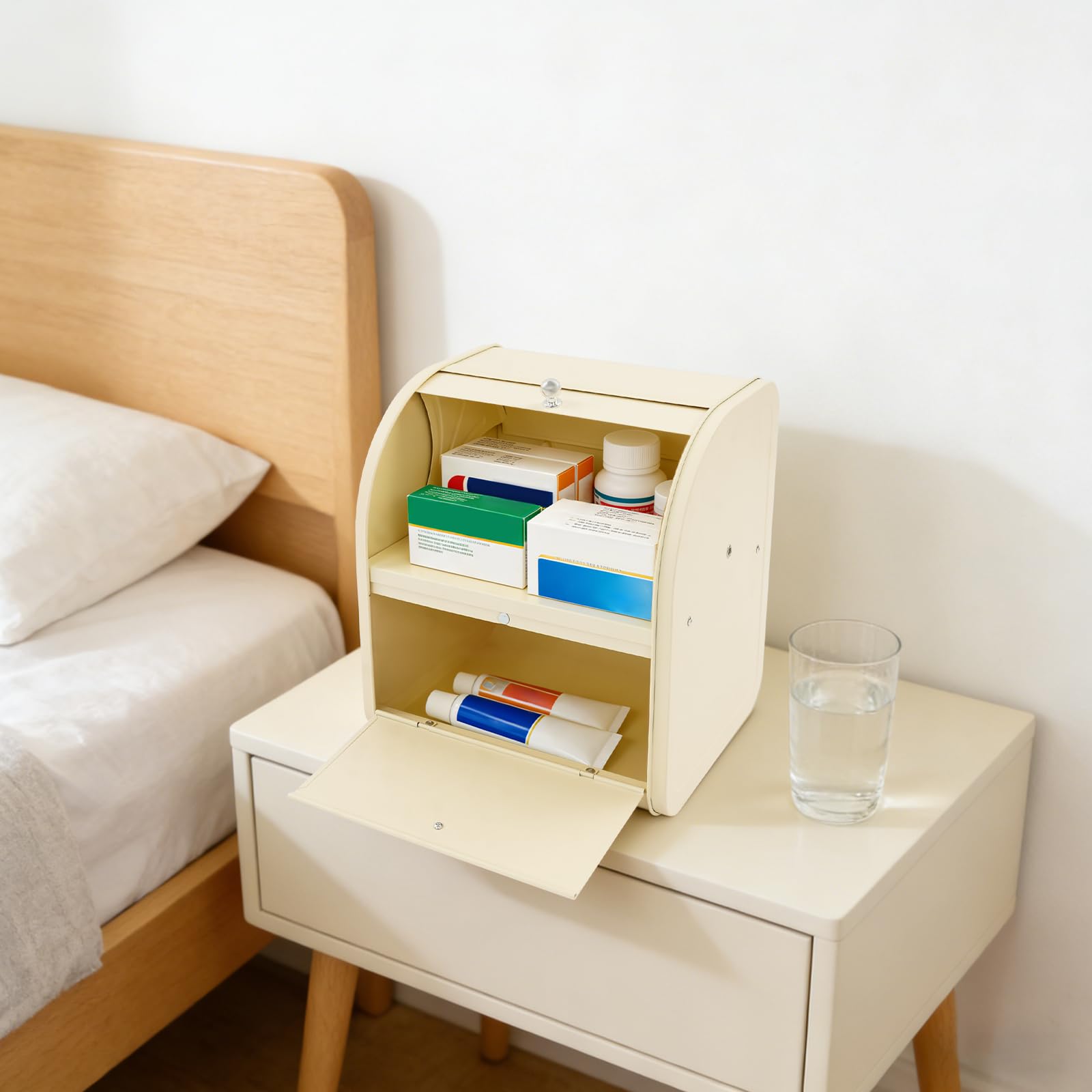 Brotkasten 2 Etagen mit Rolltop Deckel, Metall Brotbox 30x25x33cm (Beige) | Brotbehälter aus Kohlenstoffstahl, 2 Fächer mit Separatem Zugang, Luftdurchlässige Seitenlöcher