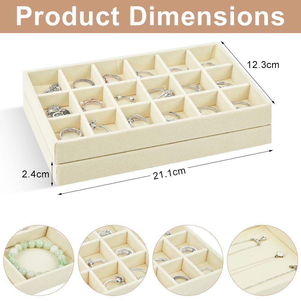 Aparador Organizador de Terciopelo, 2 Piezas Bandeja Organizador de Joyas, Apilables Bandeja Joyas, Caja de Almacenamiento para Cajónes, Guardar y Exhibir Aretes, Collares Joyería (Beige-C)