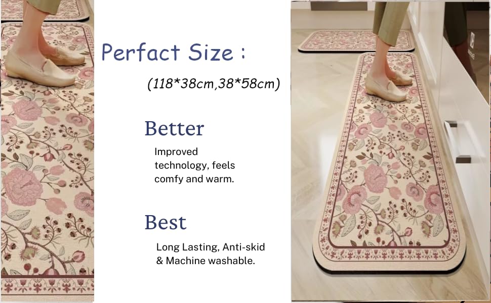 Image of YAGVIZ 2 Pcs Kitchen Mats Set - Waterproof Memory Foam Anti-Fatigue Mat Non-Slip Rug, Comfort Runner Rug Floor Mat Carpets for Kitchen Home Office, Sink & Laundry, Hallway Floral Design mat