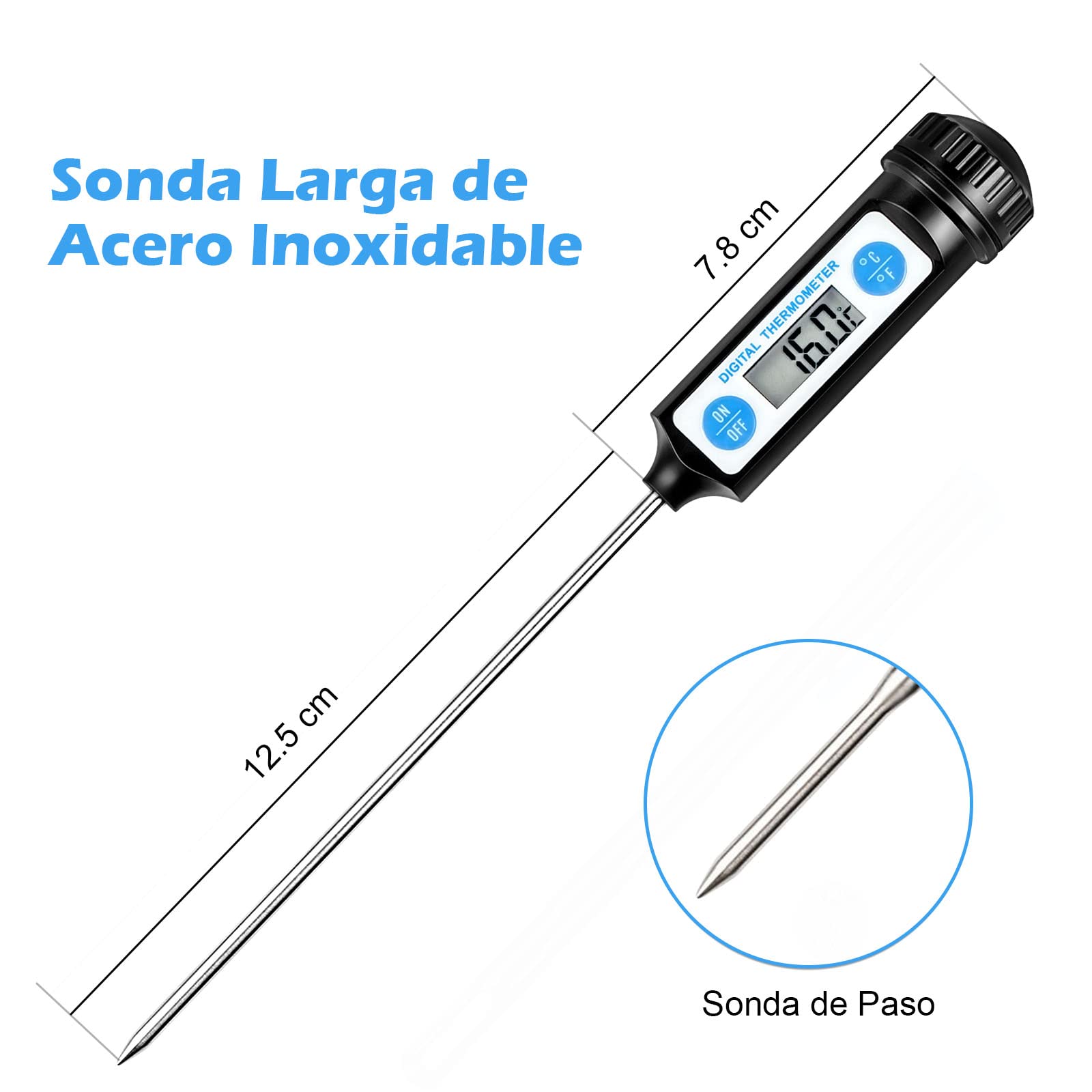 Anpro - Termómetro digital de cocina, con sonda larga y pantalla LCD, para alimentos como carne, aceite, leche, vino, barbacoa y agua caliente, negro