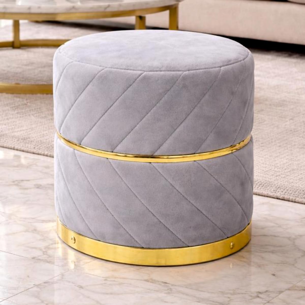 Premium Velvet Puffy Ottoman Stool for Living Room | Round Footrest with Diagonal Channel Stitching & Gold Metal Base | Luxury Pouffe for Bedroom & Dressing Area (Light Grey)-image-36