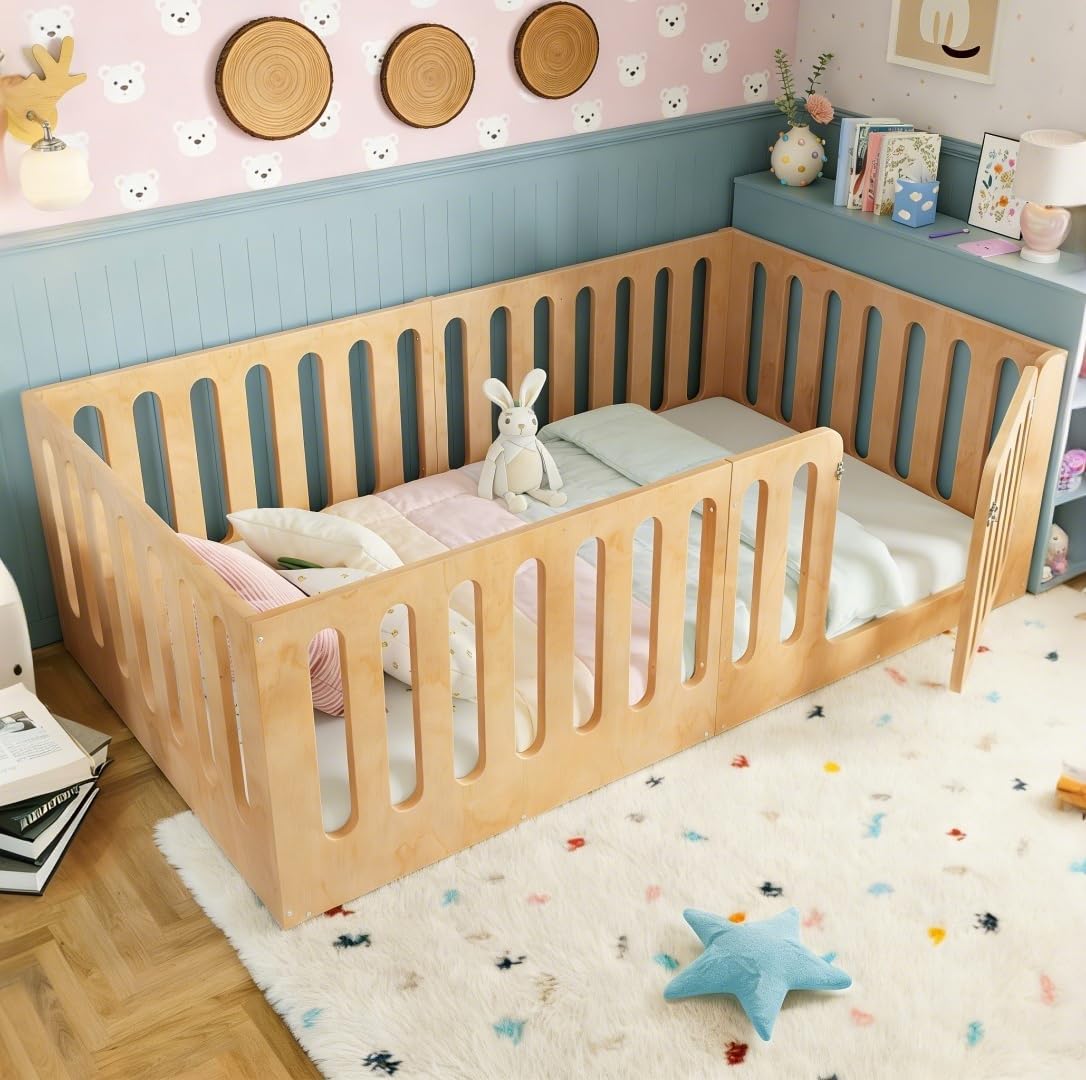 Bellemave Twin Size Floor Bed with High Fence and Door for Kids, Twin Wood Montessori Floor Bed Frame, Low-Profile Design, Easy Assemble, Sleep & Play Zone, for Boys,Girls,Child, Natural