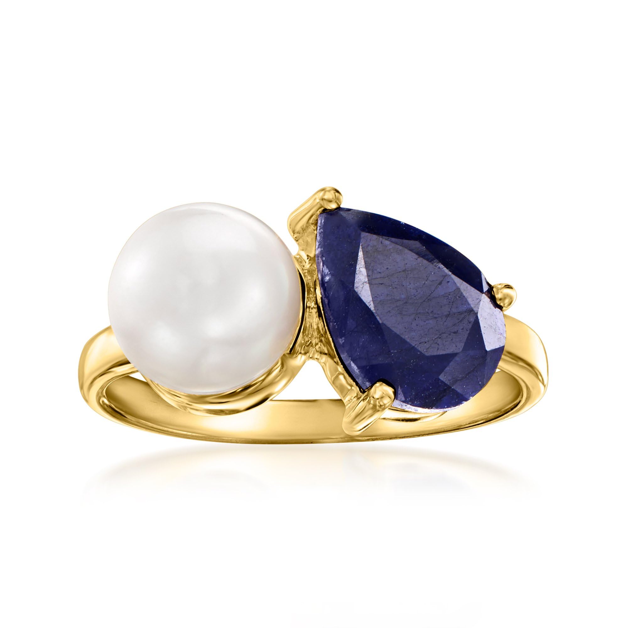 Ross-Simons7.5-8mm Cultured Pearl and 2.80 Carat Sapphire Toi Et Moi Ring in 18kt Gold Over Sterling