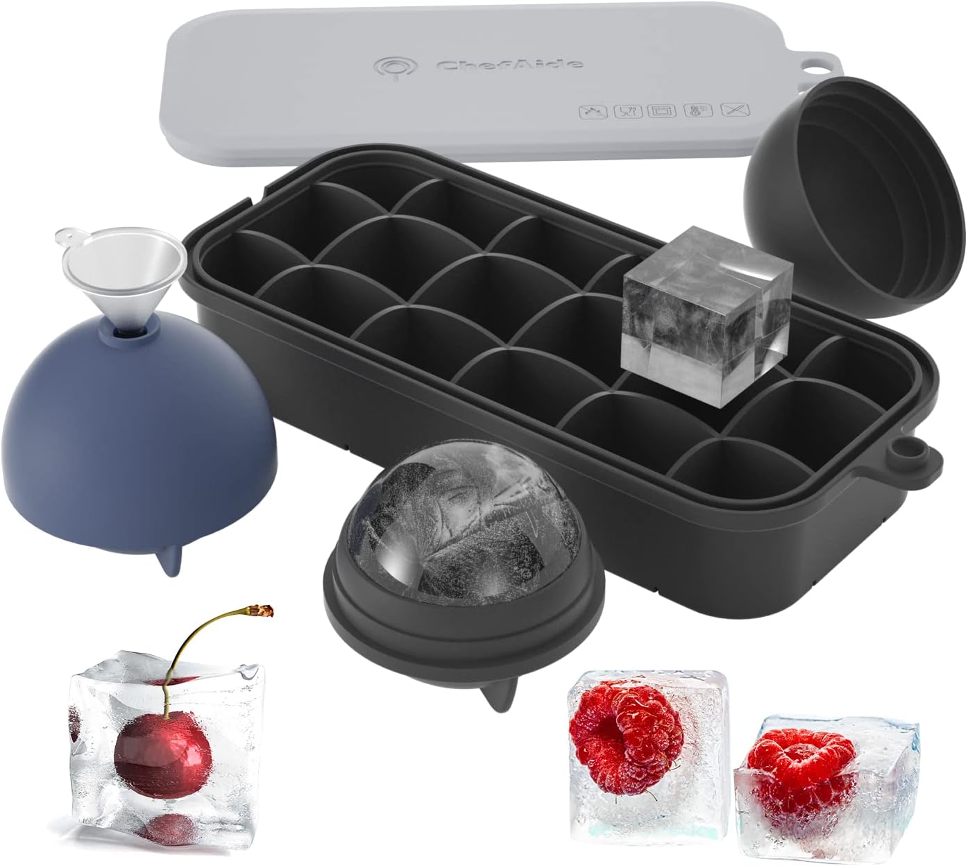 ChefAide Silicone Ice Cube Tray for Freezer with Lid 1 Pack, Whiskey Ice Ball Maker Mold 2 Pack with Funnel ,Easy-Release Reusable Ice Trays for Cocktails, Baby Food, Chocolate(Set of 3) (Black-Blue)