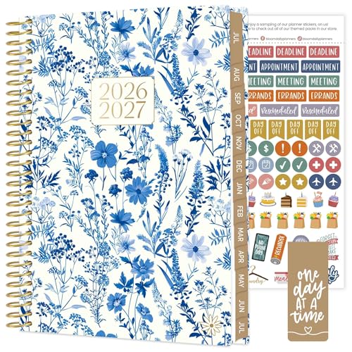 bloom daily planners 2026-2027 Planner - Academic Year (July 2026 - July 2027) Monthly & Weekly Soft Cover Planner for Women - 13 Month Inspirational Agenda Book with Stickers - 5.5 x 8.25 - Blue & White Floral