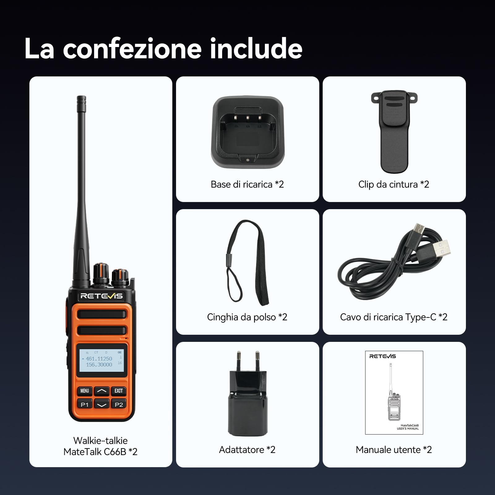Retevis C66B Walkie Talkie Bibanda, Ricetrasmittente per Radioamatori | Ricarica Rapida 100 Minuti, Tasti Personalizzabili, Duplicazione, CTCSS, per Escursionismo, Arancione, 2 Pezzi