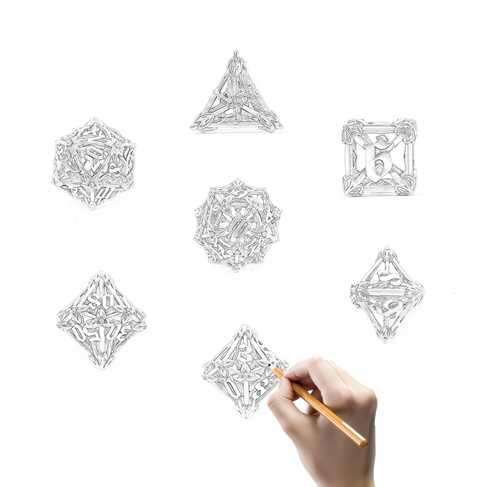 Ensemble de 7 Dés en Métal Dorés, Rouges et Ornés de Feuilles et de Fleurs, Polyèdres Creux, Compatibles avec Les Jeux de Rôle Les Jeux de Plateau et Les Jeux de Cartes